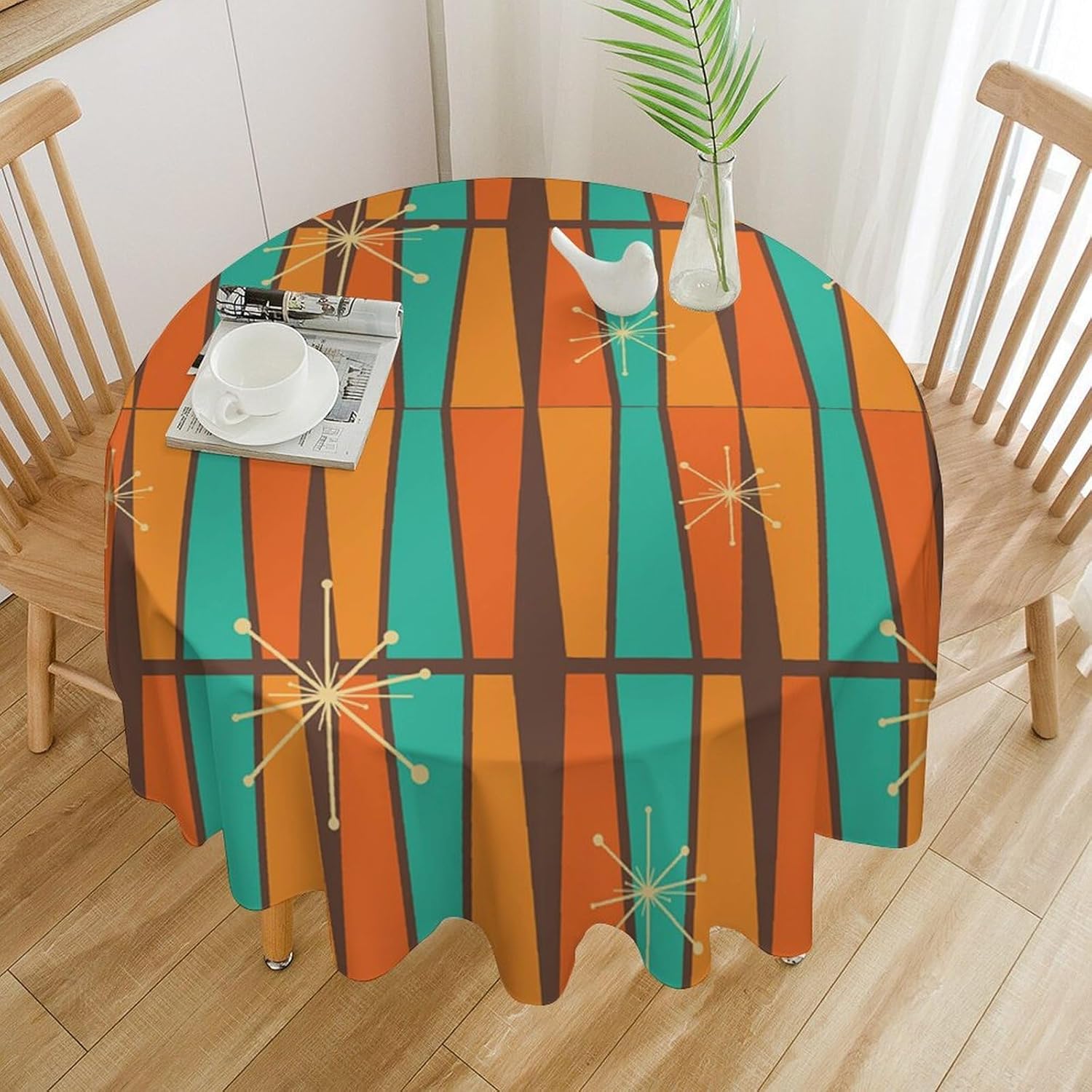 Century Textile & Sewing Supply Reviews - Mid-Century Modern Orange-Gelbe Geometrie-Tischdecke, Retro Bunte