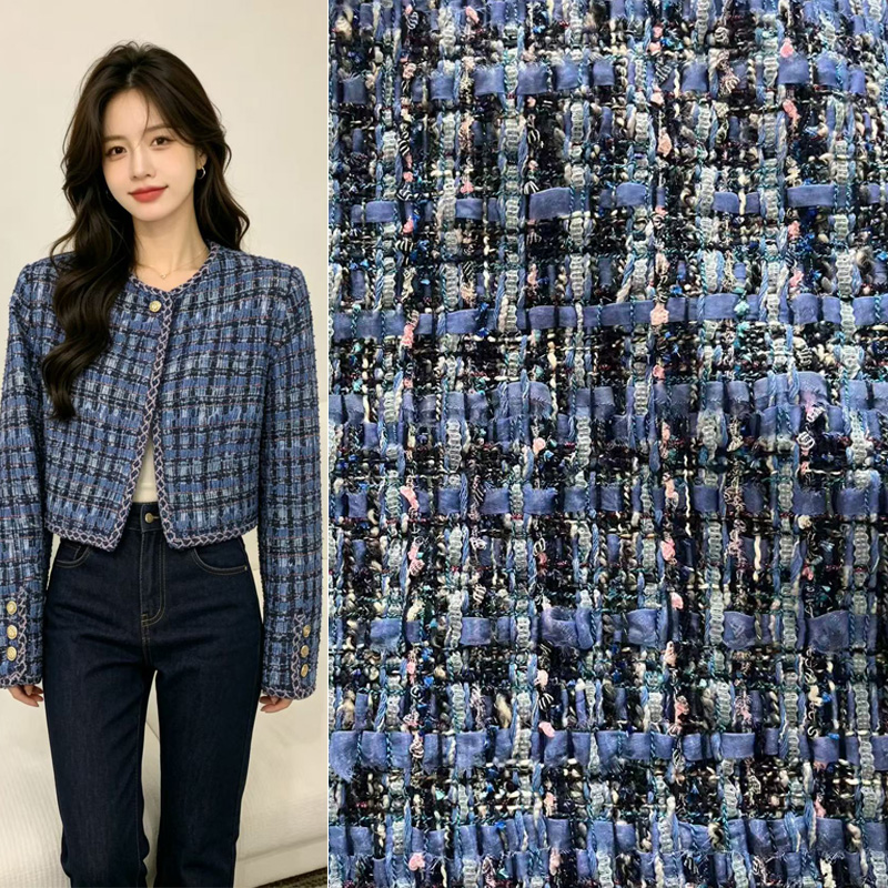 Sewing Tweed Fabric - Blauer, garngefärbter, hochwertiger Heavy-Industry-Tweed-Stoff für Damen-Herbstmäntel,