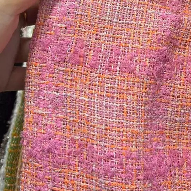 Sewing Tweed Fabric - Rosa und orangefarbenes Gittermuster mit Band,